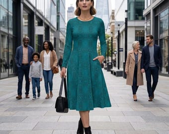 Green Print Midi Dress: Long Sleeve Jersey Knit with Pockets