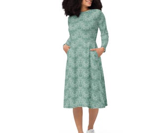 Opal Green Midi Dress: Abstract Print, Long Sleeve, Pockets