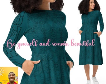 TEAL GREEN DRESS For Birthday, Metamorphosis Dress, Inner Strength On Your Day, All-Over Print Long Sleeve Midi Dress, Dress With Pockets
