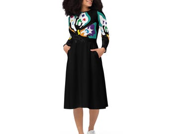 Schmetterling Print Midikleid: Langarm Kunst Inspiriertes Taschenkleid
