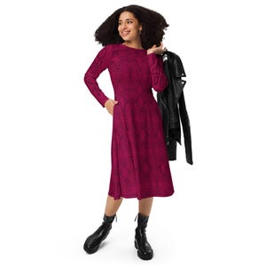 Printed Midi Dress: Red Boho Long Sleeve Pocket Dress