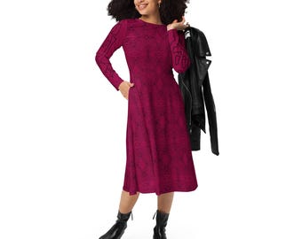 Printed Midi Dress: Red Boho Long Sleeve Pocket Dress