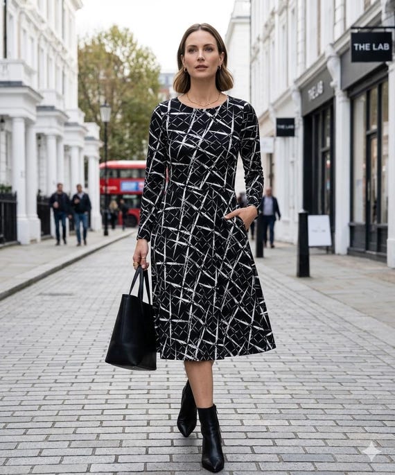 jersey knit long sleeve dress Printed Midi Dress: Blue Line Art, Long Sleeve Jersey Knit
