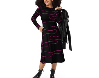 Gedrucktes Schwarzes Midi Kleid: Langarm Abendkleid mit Taschen