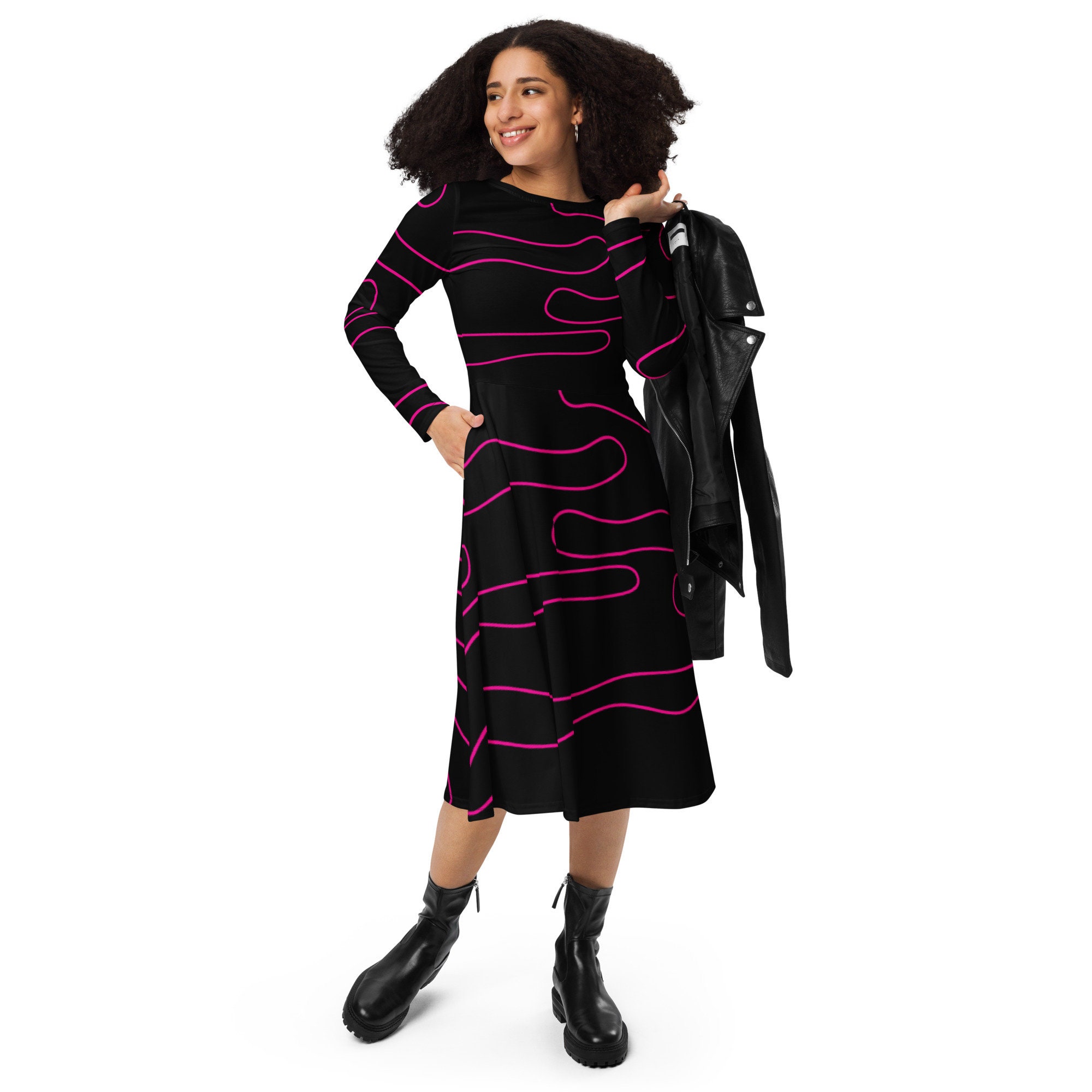 Printed Black Midi Dress: Long Sleeve Evening Dress with Pockets