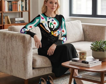 Vestido midi con estampado de mariposas: vestido de manga larga con bolsillos inspirado en el arte.