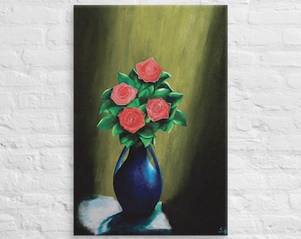 Red Roses Floral Vase Painting: Large Canvas Print