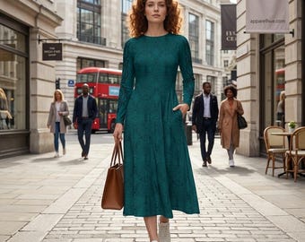 Teal Green Midi Dress: Abstract Print Long Sleeve Party Dress
