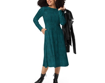 Eleganter Abend-Look – Türkisgrünes Partykleid – Langarm Damen Abend-Outfit