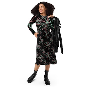 Abstract Print Midi Dress: Long Sleeve Jersey Knit with Pockets