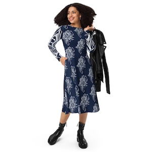 Butterfly Print Midi Dress: Long Sleeve Abstract Art Casual Dress