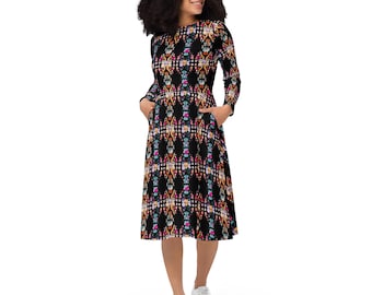 Abstract Print Midi Dress: Long Sleeve Jersey Knit with Pockets