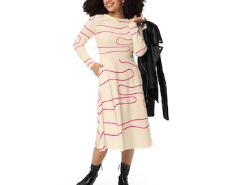 Gestreiftes Midi Kleid: Langarm aus Jersey mit Taschen