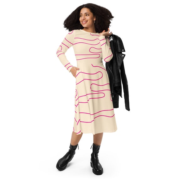 Striped Midi Dress: Long Sleeve Jersey Knit with Pockets