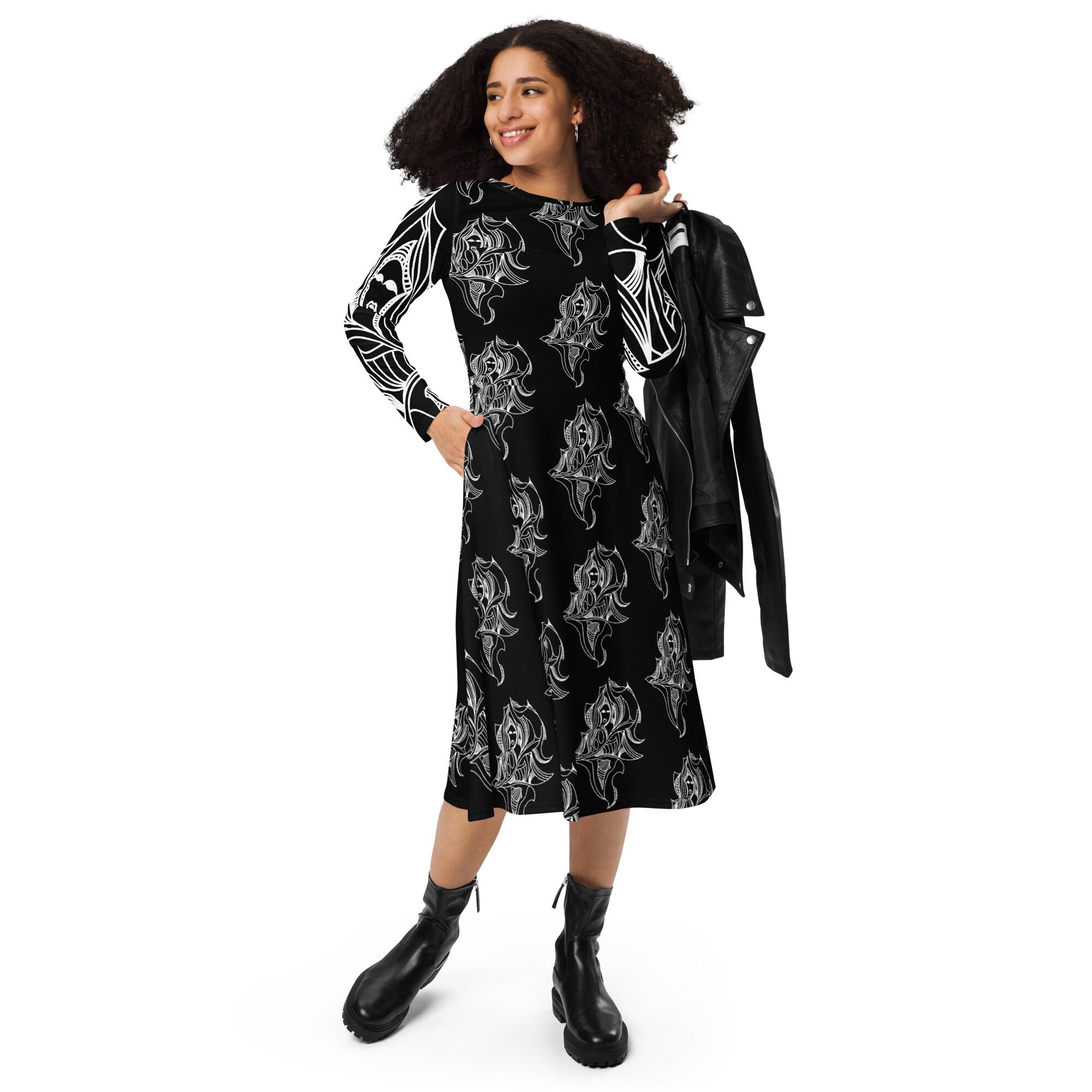 Printed Black Midi Dress: Butterfly-Inspired Long Sleeve Jersey Knit Printed Black Midi Dress: Butterfly-Inspired Long Sleeve Jersey Knit