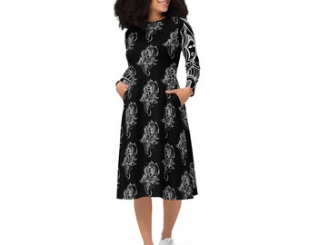 Black Midi Dress, Printed Womens Midi Dress, Womens Fall Style, Long Sleeve Printed Dress, Abstract Art Dress