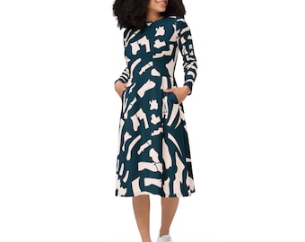 Gemustertes Midi Kleid mit Taschen: Elegantes Langarm Kleid