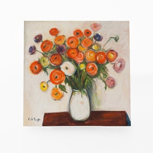 Olieverfschilderij oranje ranonkels: expressionistisch bloemstilleven, 12 x 12 inch