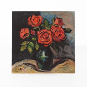 Olieverfschilderij rode rozen: expressionistisch bloemstilleven, 12 x 12 inch
