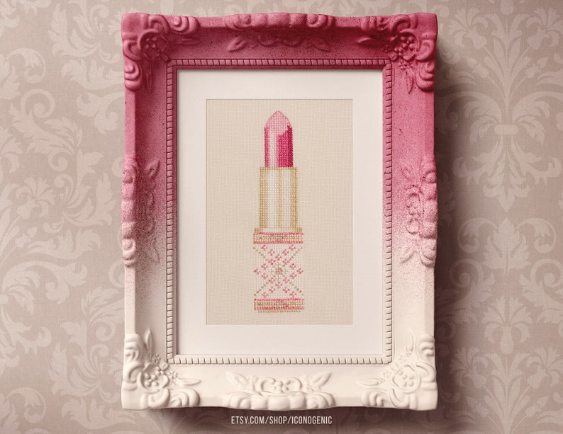 Pink Lipstick Embroidery Pattern PDF // Modern Cross Stitch image 1