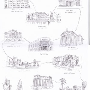 May include: Hand-drawn sketch of various buildings and cityscapes, including the Artillery Inn, Casa Blue, Tate Britain, and the Parthenon in Athens. Text includes locations and significant events, such as "Where We First Met" and "Our First Kiss."
