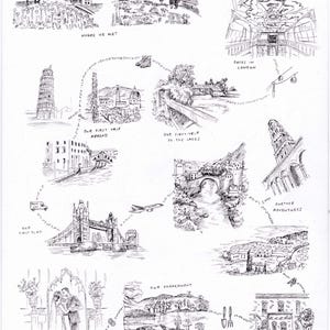 May include: Hand-drawn sketch depicting significant life events, including a wedding, first home, and travels. The artwork features landmarks like the Leaning Tower of Pisa and Tower Bridge, with handwritten captions such as "Where We Met" and "Our First Trip Abroad."