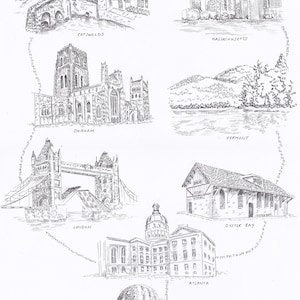 A hand-drawn map of places including houses and scenes.