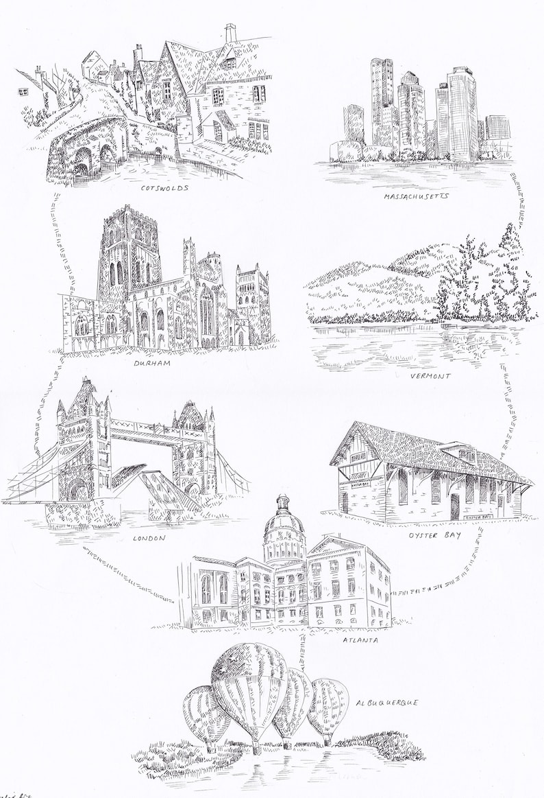 A hand-drawn map of places including houses and scenes.