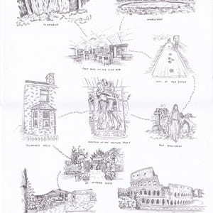 May include: A black and white pen and ink drawing depicting various locations and events. The drawing includes images of a waterfall labeled "Zimbabwe", a bar labeled "First Date at the Hide Bar", and a building labeled "Wimbledon". Other images include "Lots of Pub Games", "Engaged at the Meeting Place", and "Thurridge Wells".