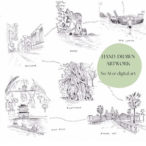May include: Hand-drawn artwork featuring ink sketches of various locations, including Bangkok, Krabi, Ayutthaya, Koh Lanta, Ninh Binh, and Angkor Wat. The artwork is labeled "Hand-Drawn Artwork, No AI or digital art."