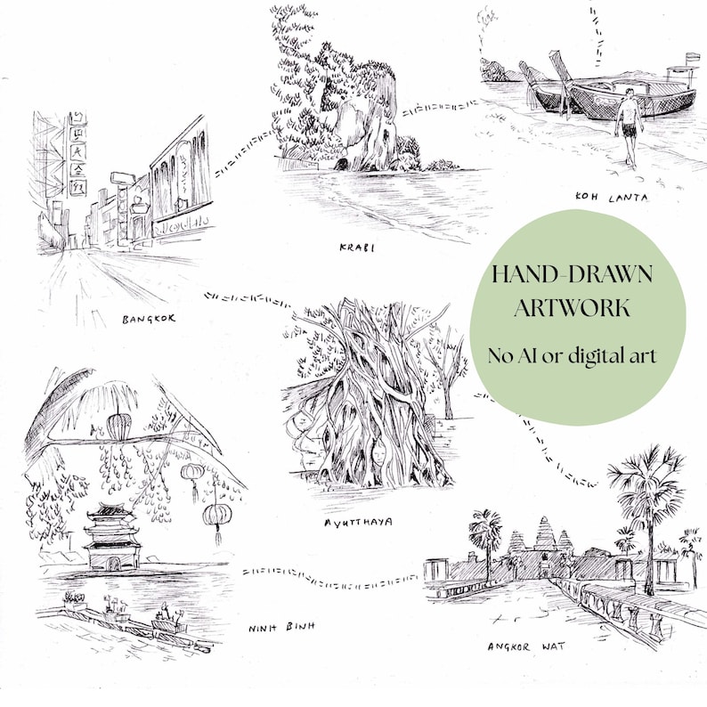 May include: Hand-drawn artwork featuring ink sketches of various locations, including Bangkok, Krabi, Ayutthaya, Koh Lanta, Ninh Binh, and Angkor Wat. The artwork is labeled "Hand-Drawn Artwork, No AI or digital art."