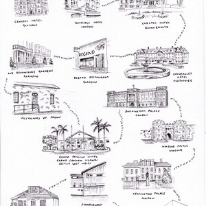 May include: A black and white pen and ink drawing of various buildings, including hotels, restaurants, and palaces. The drawing includes text labels identifying each location, such as "Central Hotel Glasgow" and "Buckingham Palace London."