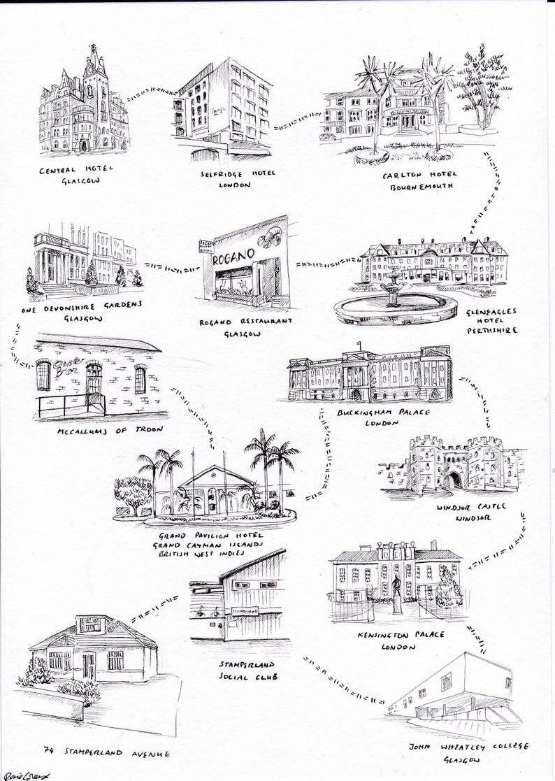 May include: A black and white pen and ink drawing of various buildings, including hotels, restaurants, and palaces. The drawing includes text labels identifying each location, such as "Central Hotel Glasgow" and "Buckingham Palace London."