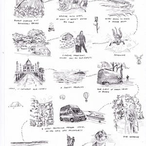 May include: A hand-drawn travel journal page with various sketches. Scenes include bungee jumping, lions, a Taj Mahal, a van, a wedding, and text that reads "9 weeks traveling around Spain, we had some epic adventures."