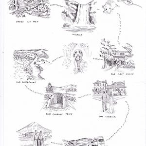 May include: Hand-drawn illustration titled "MICHAEL & SOPHIE OUR GREATEST ADVENTURES." The artwork depicts various scenes: a bridge, waterfall, dog, house, camping, wedding, honeymoon, and Scotland. The style is a black and white sketch.