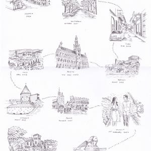 May include: A hand-drawn sketch of various cityscapes and landmarks, including Valencia, Amsterdam, Cuba, Italy, Belgium, Portugal, Lithuania, Poland, a couple, the Sphinx, and a building in Puerto de San Rafael. Dates are included.