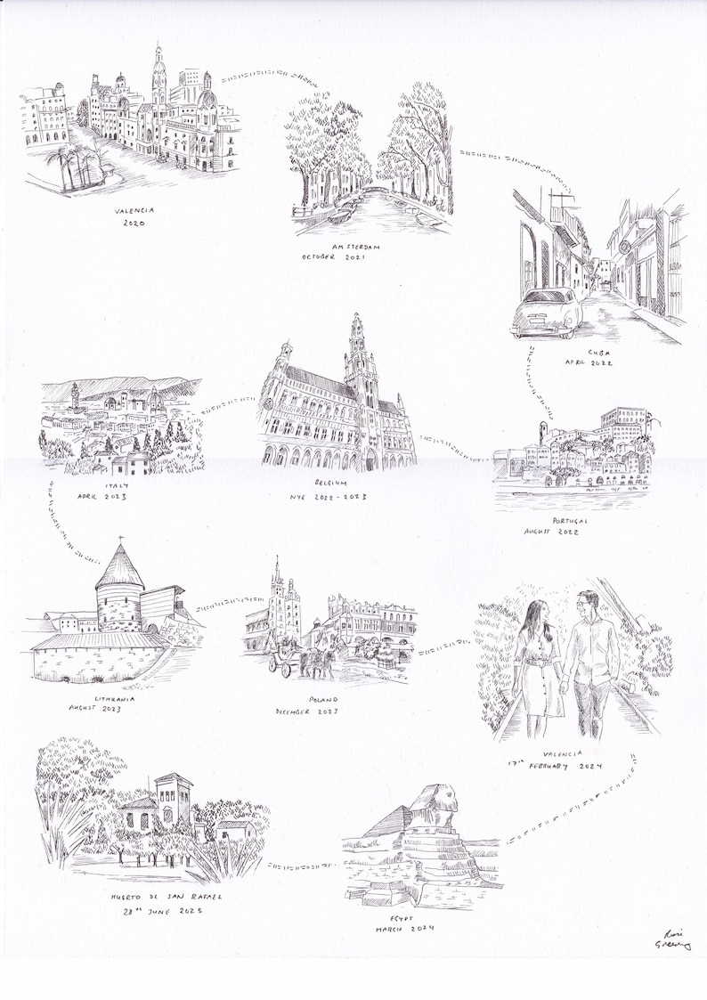 May include: A hand-drawn sketch of various cityscapes and landmarks, including Valencia, Amsterdam, Cuba, Italy, Belgium, Portugal, Lithuania, Poland, a couple, the Sphinx, and a building in Puerto de San Rafael. Dates are included.
