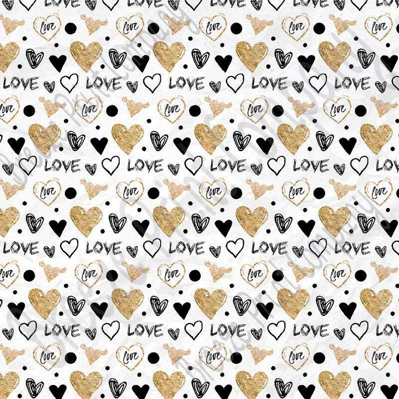 Patterned Vinyl, Black with gold heart and love pattern craft vinyl sheet HTV or Adhesive Vinyl Valentine's Day HTV3957 image 1