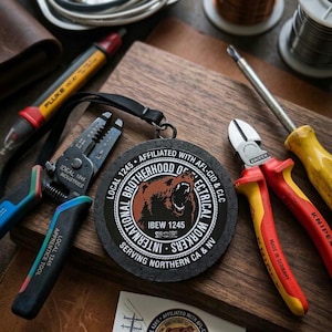 May include: An assortment of electrical tools, including wire strippers, screwdrivers, and pliers, are arranged on a wooden surface. A round emblem with a bear graphic and text reading "International Brotherhood of Electrical Workers" is also present.
