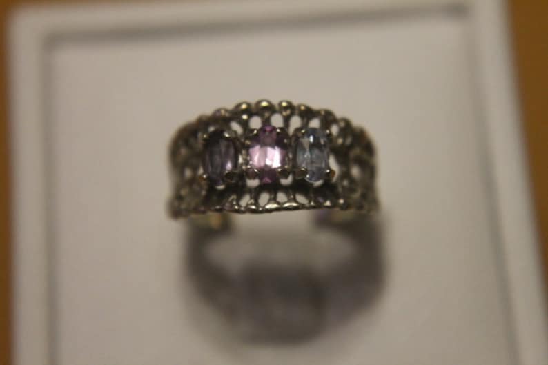 Vintage Designer ESEMCO Aquamarine and Pink Sapphire Gemstones Amethyst White Gold Ring Rings Size 5 Amethyst 10k White Gold