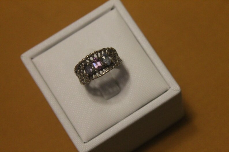 Vintage Designer ESEMCO Aquamarine and Pink Sapphire Gemstones Amethyst White Gold Ring Rings Size 5 Amethyst 10k White Gold