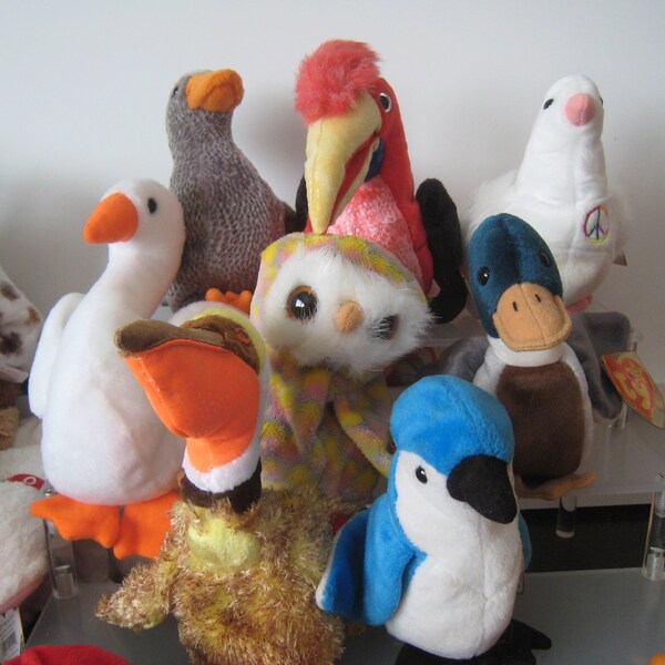 New Ty Beanie Babies - Birds- Swoop, Gobbles Turkey, Lurkey, Flashy Peacock, Early the Robin.