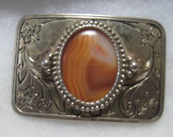 Fibbia per cintura western vintage - Cabochon in agata su sfondo argentato con motivo floreale