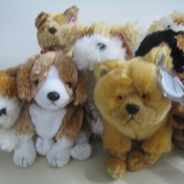 New Ty Beanie Baby Dogs - 6-8"Weenie, Brutus, Diggs, Scrappy, Side-Kick, Figet, Adonis, Wrinkles the Bulldog, Poofie Sheep Dog