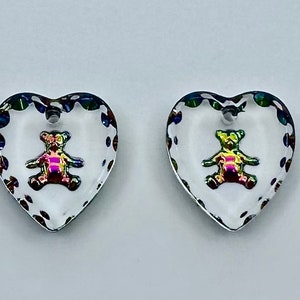 BEARS German Etched Austrian Crystal VITRAIL MEDIUM Pendants, Two(2) 12mmx11mm Heart Shaped Intaglio Teddy Bear Pendants