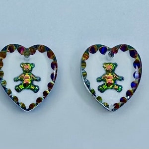 BEARS German Etched Austrian Crystal VITRAIL MEDIUM Pendants, Two(2) 14mmx15mm Heart Shaped Intaglio Teddy Bear Pendants