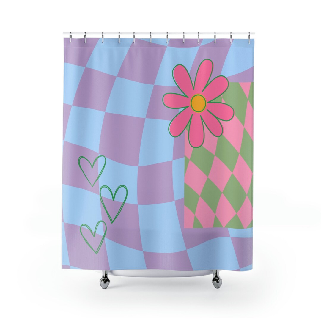 Checkered Groovy Retro Daisy Shower Curtains Pastel Bright Etsy