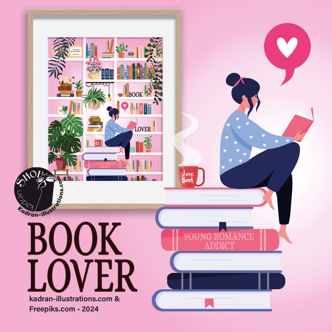 Girl Reading Poster in Front of Her Library, Addicted Reader Poster ...