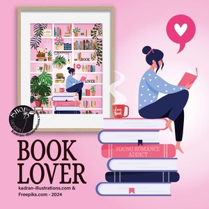 Girl reading poster in front of her library, addicted reader poster, bookish enthusiast, gift for book lover, e-reader gift