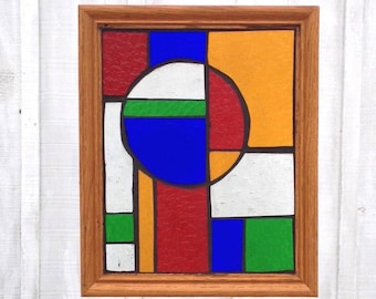 Mod Color Block Stained Glass Mosaic Panel, Art Deco Primary Colors Geometric Window Hanging